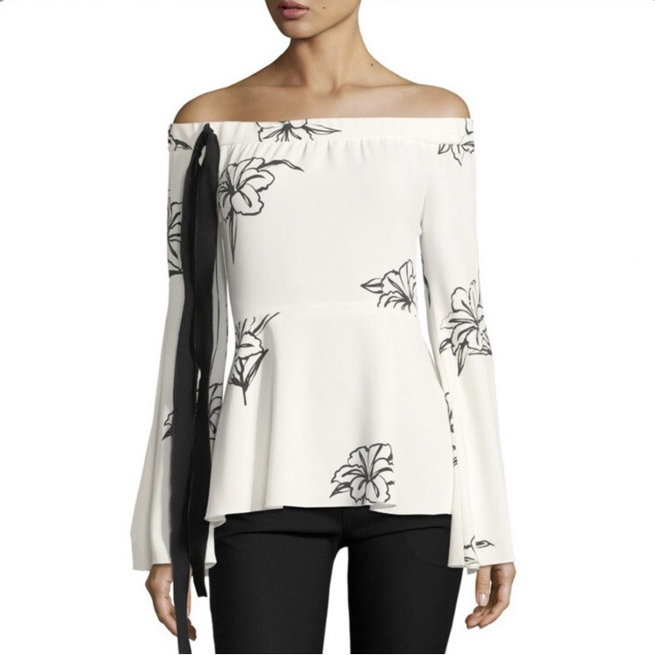 Nwot Derek Lam 10 Crosby Black/White Floral Off Shoulder Peplum Blouse Size 4